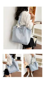 Korean style starry blue canvas tote bag, large capacity casual shoulder bag for daily commuting.