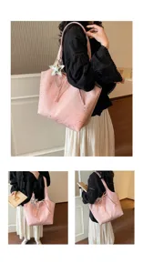 Korean style pink star print canvas tote bag, large capacity casual shoulder bag for daily use.