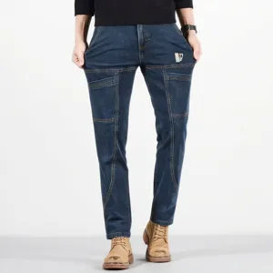 Men's dark blue straight-leg denim cargo pants with multi-pocket design, slim and stretch fit.