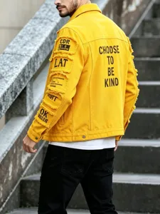 Herren gelbe Destroyed Jeansjacke, stylische lässige Streetwear mit Rückendruck Details.