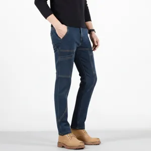 Men's slim fit multi-pocket dark blue casual denim cargo pants straight leg trousers