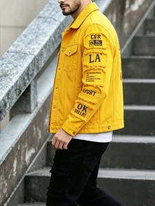 Gelbe Herren Destroyed Jeansjacke mit Ärmelgrafikprint und lässigem Streetwear-Design.
