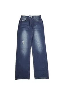 Men's vintage retro casual straight leg denim jeans with distressed washed finish for daily wear.