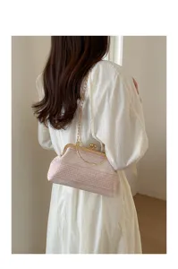 Pink plaid kiss-lock shoulder bag with gold chain strap, stylish retro handbag for women daily