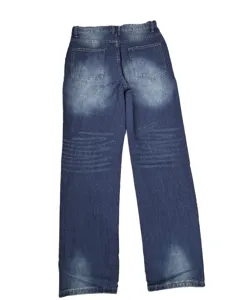 Detailed back view of men's vintage casual straight-leg jeans in dark blue wash denim.