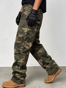 Washed camo cargo pants with distressed details, straight fit street style casual trousers.