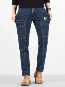 Men's Casual Straight Leg Stretch Denim Jeans Slim Fit Multi-Pocket Washed Fashion Cotton Blend Long Pants For Daily Wear