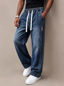 Herren lose gerade Jeans aus Denim mit elastischem Kordelzugbund für Freizeit.