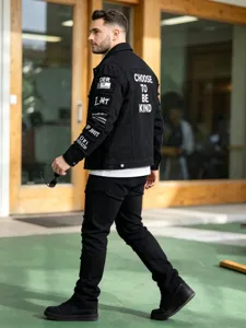 Schwarze Herren Jeansjacke Detail, Rücken-Print und coole Ärmel-Patches für den Alltag.