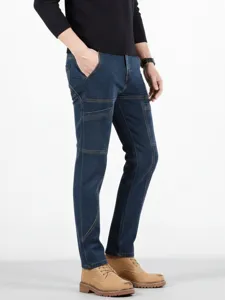 Men's stylish dark blue multi-pocket slim straight denim jeans casual stretch trousers.