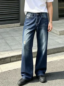 Men's Retro Casual Straight Leg Jeans Vintage Washed Distressed Denim Pants With Patch Design Fashion Streetwear Jeans