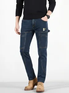 Men's straight denim jeans multi-pocket casual utility pants regular fit blue main view