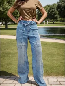 Women's denim cargo wide leg pants with elastic waist and stylish drawstring design detail.