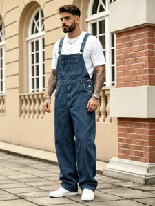 Men's blue denim overalls stylish streetwear casual bib pants with front pocket for daily wear
