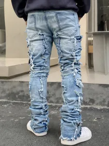 Jean homme distressed stacked streetwear patchwork pantalon en denim grande taille