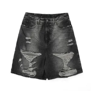 Vintage ξεπλυμένο μαύρο τζιν σορτς γυναικείο, casual high-street σκισμένη βερμούδα.