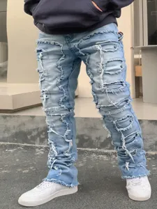 Jean Homme Streetwear Délavé Effrangé Patchwork Denim Pantalons Bleu Clair Style
