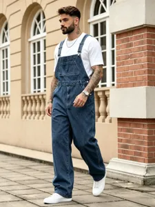 Men's denim overalls street style blue dungarees casual pocket long pants for fashion daily wear.