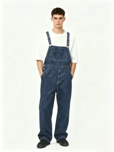 Men's blue denim overalls with front pocket and adjustable straps for casual street style.