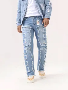 Hommes Bleu Clair Distressed Patch Straight Jean Mode Streetwear Pantalon En Denim