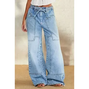 Women high waist wide leg denim pants casual loose drawstring blue fashion long jeans