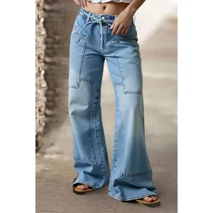 Women Light Blue High Waist Wide Leg Denim Pants Loose Patchwork Casual Streetwear Jeans