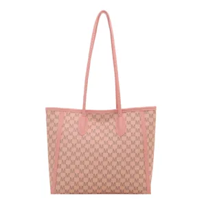 Pink letter monogram print tote bag large capacity shoulder bag casual commute shopper