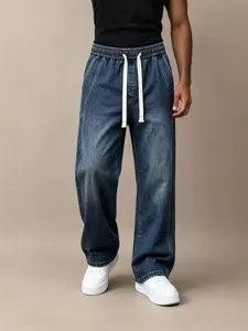 Amerikanische Retro Herren Gerade Jeans Lose Weites Bein Kordelzug Elastischer Bund Denim Hosen Casual Gewaschene Lange Hosen Für Herren
