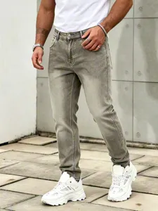 Heren slim straight vintage gewassen stretch spijkerbroek, stijlvolle casual broek.