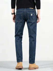 Men's dark blue straight-leg denim jeans, casual slim stretch multi-pocket long pants.