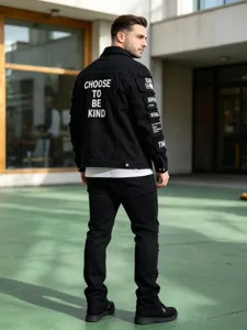 Herren schwarze Destroyed Jeansjacke mit Rückenaufdruck und Ärmelpatches lässiger Stil.