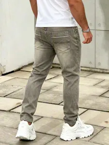 Heren retro gewassen grijze slim fit rechte jeans met unieke achterzak detail weergave
