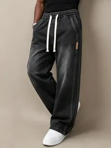 Men's American Vintage Straight Leg Jeans Washed Denim Pants Elastic Drawstring Waist Casual Loose Comfortable Bottoms
