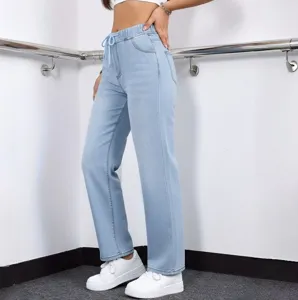 Light blue women's casual denim pants with elastic drawstring waist and straight leg cut.