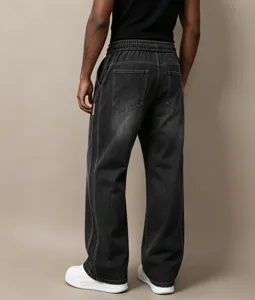 Mens distressed black loose straight denim pants with elastic drawstring waist for casual wear
