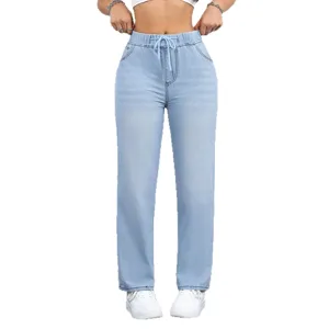 Women Light Blue Elastic Waist Casual Straight Leg Denim Jeans Plus Size Main View Display