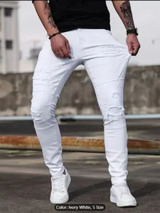 Men's high street white distressed stretch slim fit skinny denim jeans for casual wear.