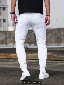 Men's white stretch skinny denim jeans detail view, featuring high street slim fit style.