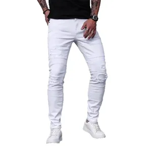 Details of the white distressed slim-fit men's jeans, showing the texture and ripped knees.