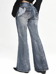 Women's Casual High Street Denim Jeans Retro Washed Slim Fit Stretch Flare Long Pants With Embroidery Pocket Design