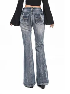 Women vintage distressed washed high waist stretch flare denim jeans pants apparel.