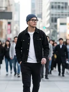 Men's black denim jacket casual stylish streetwear outerwear coat for daily wear.