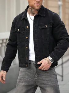 Mens black denim jacket casual streetwear washed outer wear cool fashion button coat