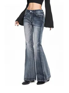 Stylish women flare jeans high waist stretch denim pants casual streetwear trousers apparel