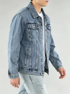 Herren hellblaue gewaschene Jeansjacke Slim Fit Freizeit lange Ärmel Denim Jacke stilvoll