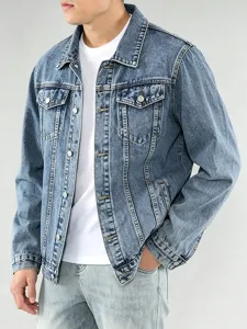 Klassische Herren Jeansjacke Slim Fit Einfarbig Langarm Washed Blue Denim Jacke Reverskragen Herren Oberbekleidung