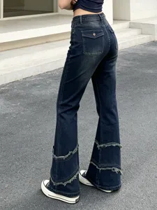 Dark blue high-waist stretch flare denim pants featuring stylish layered frayed cuffs.