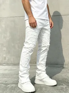 Men white stacked flare jeans high street heavy patchwork denim slim fit casual pants