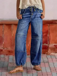 Women Casual Loose Wide Leg Denim Jeans High Waist Drawstring Baggy Trousers Fashion Streetwear Blue Denim Pants