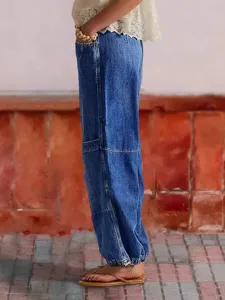 Stylish women loose denim wide leg curved pants with cinched cuff fashion casual trousers